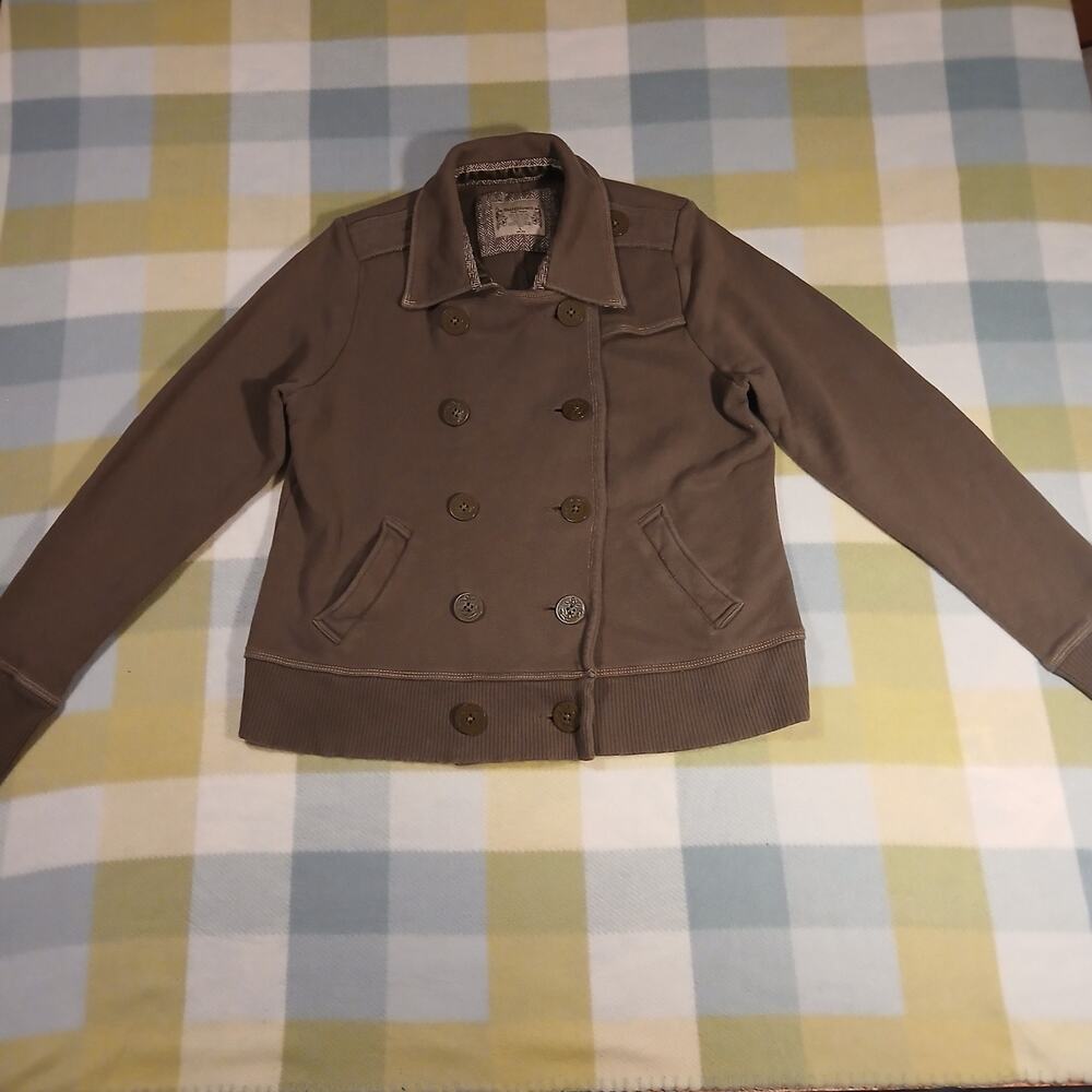 RuffHewn Women’s Navy Size Large Quality Cotton Pea Coat with Wool Tweed Collar